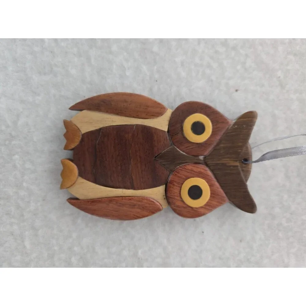 Handcrafted Wooden Owl Ornament With Ribbon Hanger 4 in‎ X 3 in
